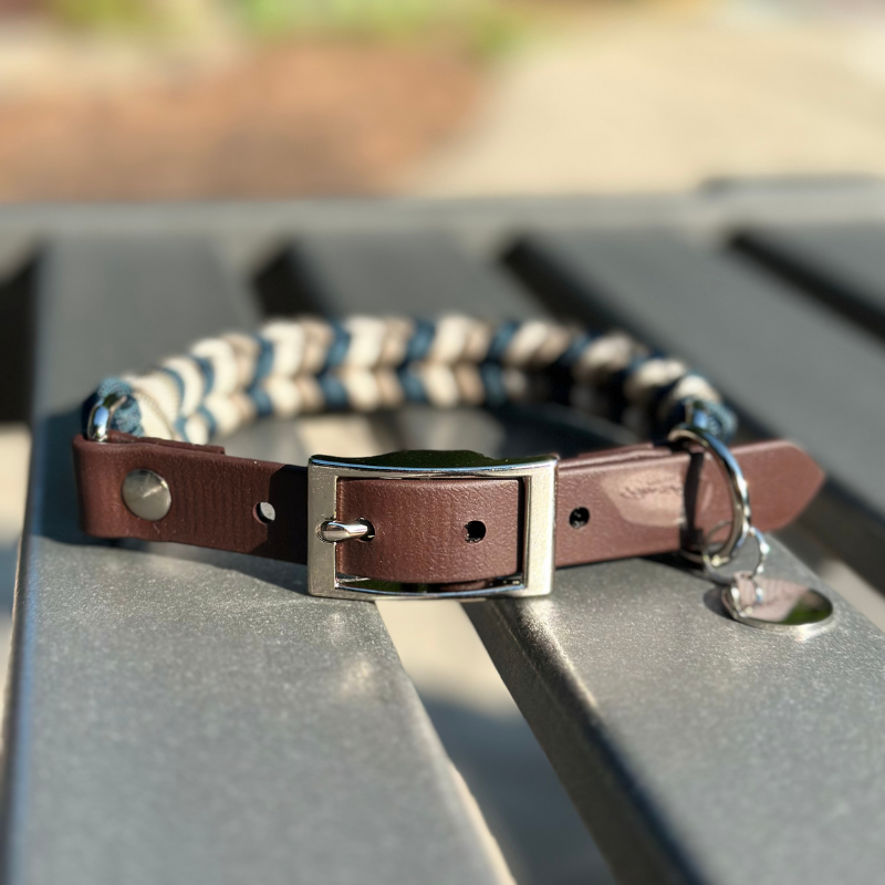 Coiled Charm Hand Braided Dog Collar in Navy, Tan, & Cream